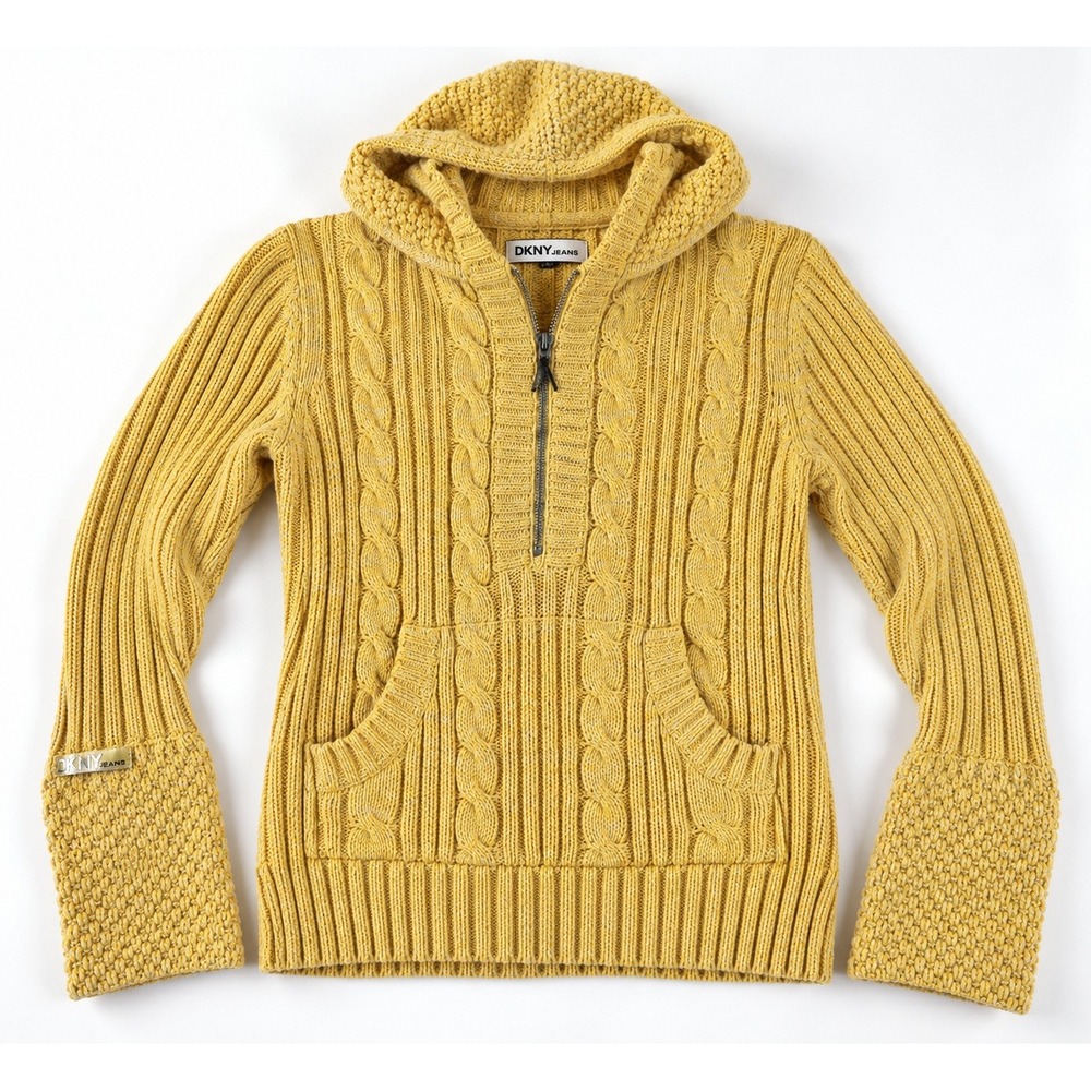 DKNY Jeans Vintage Y2K Cable Knit Hoodie Sweater Yellow Half Zip Après Ski
